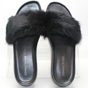 Donald Pliner Black Fur Slide Sandals Women's 8.5 M Real Dyed Rabbit Fur